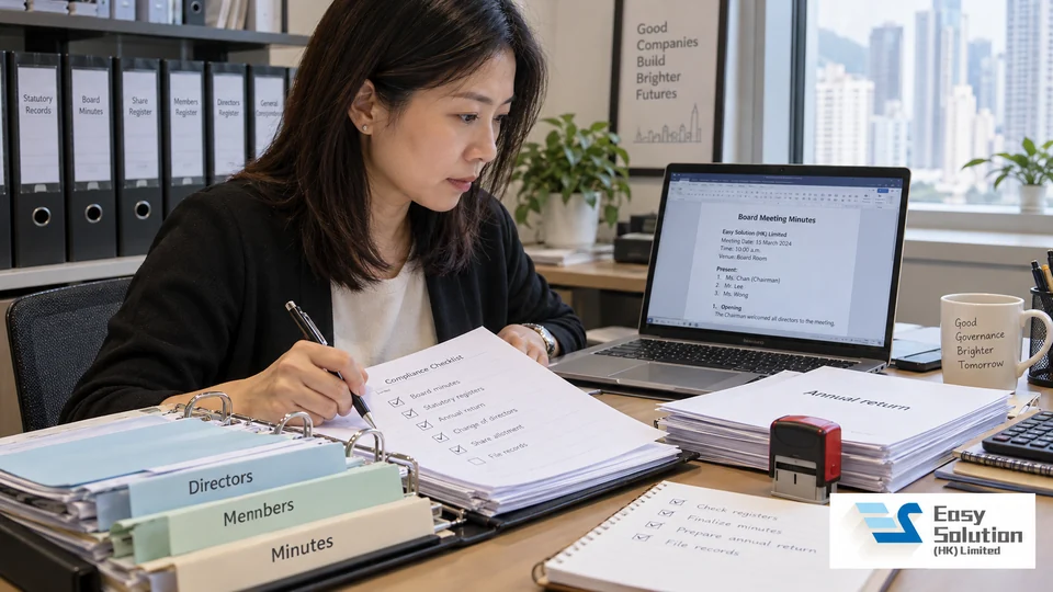 公司秘書情境示意：整理董事會議紀錄、股東名冊及周年申報文件（AI 情境示意） / Company secretary practice update illustration